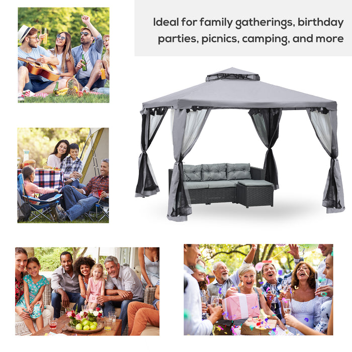 Metal Gazebo 3x3 Meter with 2-Tier Roof - Outdoor Garden Marquee, Party Tent Canopy, Patio Shelter with Netting - Ideal for Entertaining and Relaxation, Grey