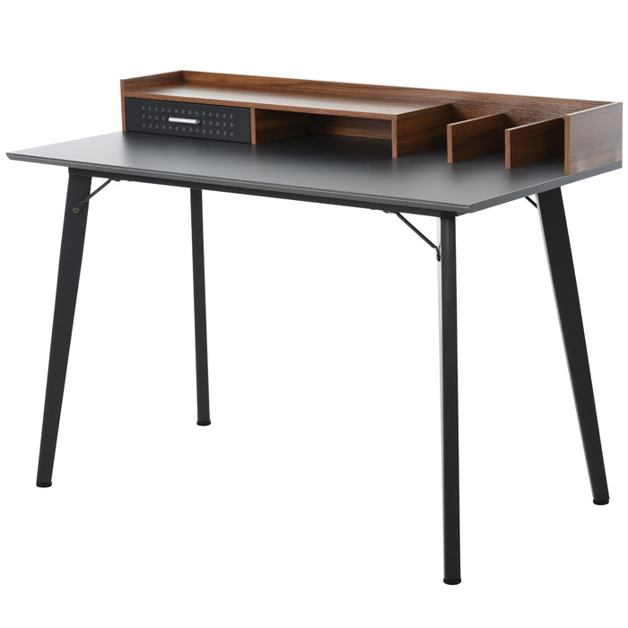 Modern Computer Desk with Hutch and Drawer - Laptop Writing Table Workstation in Brown and Black - Ideal for Home Office Use