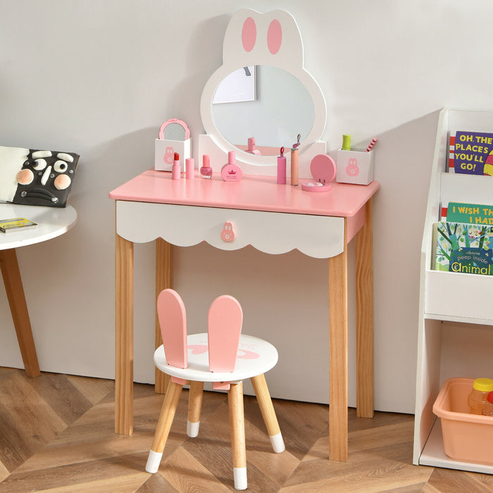 Kids Vanity Table and Chair Set - Pretend Play Furniture with Mirror and Drawers, Pink - Ideal for Imaginative Playtime