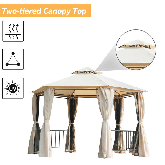 Hexagon Gazebo Canopy Party Tent - Outdoor Garden Shelter with 2-Tier Roof, Side Panel, Beige - Perfect for Events & Gatherings