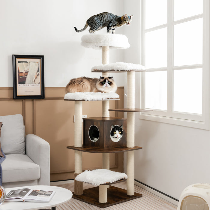 Wooden Cat Tree-unique 179 cm Tall with Sisal Scratching Posts in Brown -Ideal for Cats to Play, Exercise, Relax and Scratch