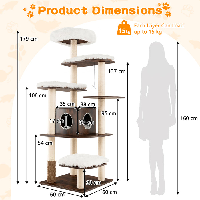 Wooden Cat Tree-unique 179 cm Tall with Sisal Scratching Posts in Brown -Ideal for Cats to Play, Exercise, Relax and Scratch