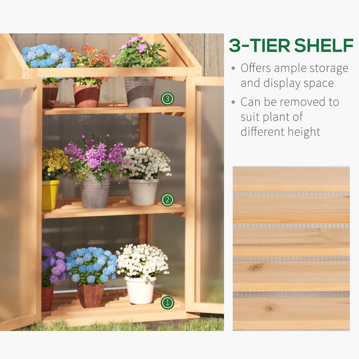 Cold Frame Wooden Greenhouse - Polycarbonate Semi-Transparent Glazing with Openable Lid and Double Doors - Ideal for Season Extension & Protecting Seedlings, 70x50x120cm, Brown