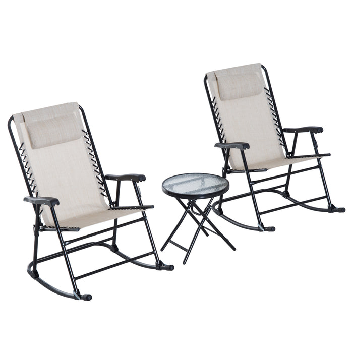 Outdoor 3-Piece Rocking Bistro Set - 2 Beige Folding Chairs & Tempered Glass Table for Patio Deck - Ideal for Garden Relaxation and Entertaining