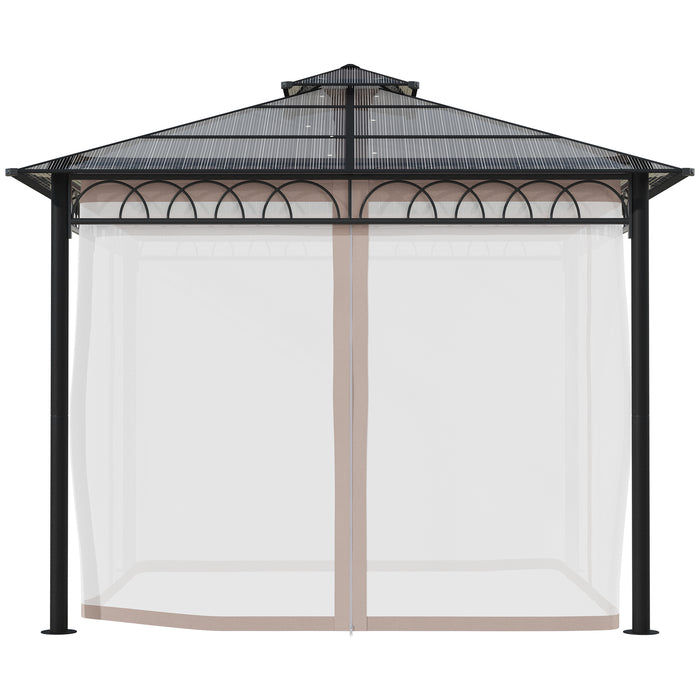 Outdoor Polycarbonate Gazebo 3x3m - Double Roof Hardtop with Galvanized Steel Frame - Includes Nettings & Curtains for All-Weather Protection