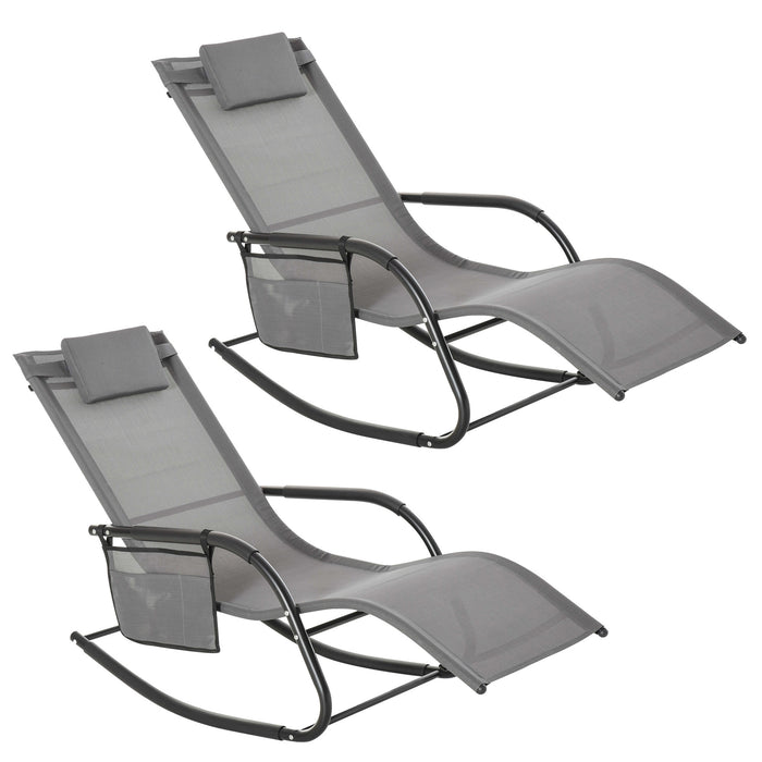 Garden Rocking Chair Set of 2 - Outdoor Patio Sun Lounger with Breathable Mesh and Removable Headrest Pillow, Grey - Ideal for Relaxation and Comfort with Handy Side Storage Bag