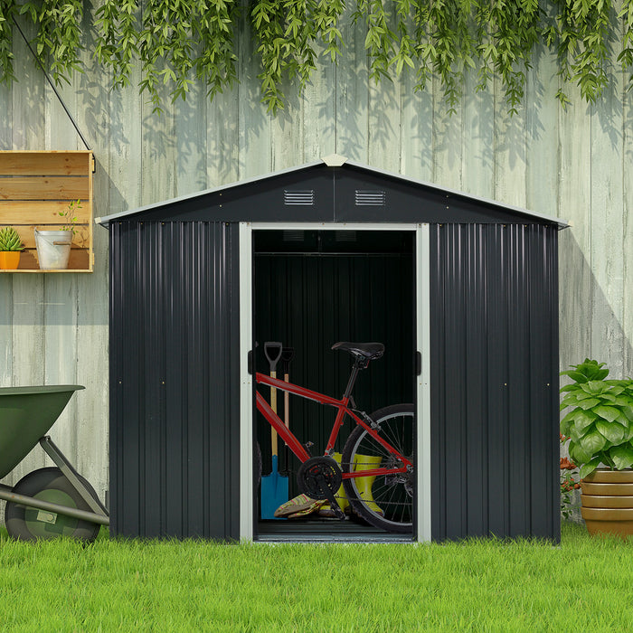 8x6ft Garden Shed with Ventilation Windows - Double-Door Outdoor Storage for Equipment & Tools - Sloped Roof Design in Grey, Ideal for Home Backyard Lawn