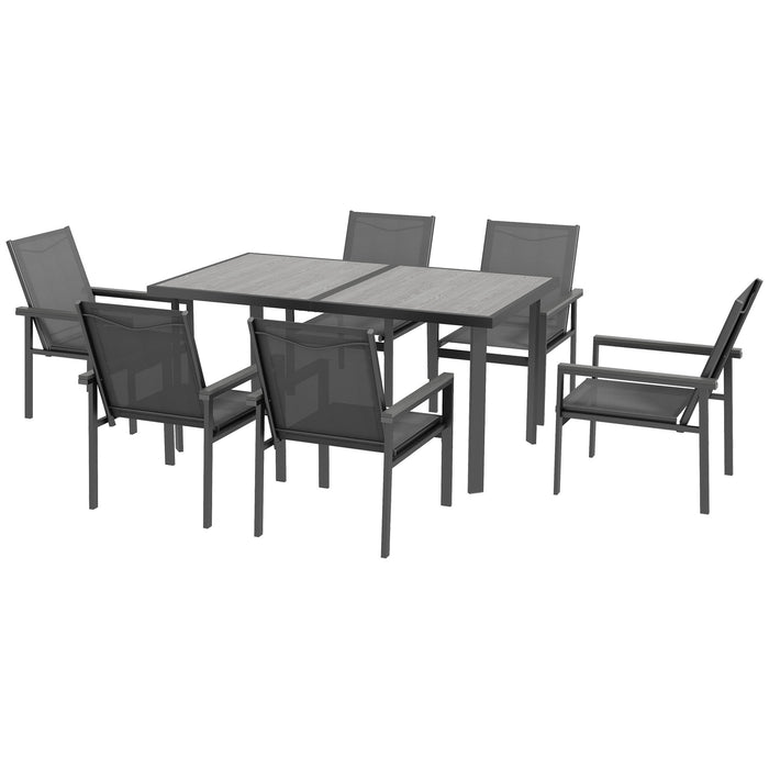 7-Piece Patio Dining Ensemble - Glass-Top Table & Breathable Mesh Fabric Chairs with Composite Wood Armrests - Ideal for Outdoor Feasts and Relaxation