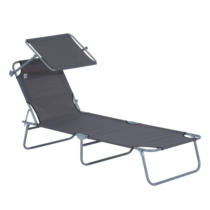 Folding Sun Lounger with Shade Awning - Adjustable Reclining Chair for Beach and Garden - Grey Outdoor Patio Recliner for Sunbathing and Relaxation