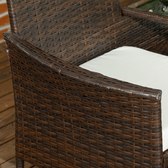 Rattan Double Seater Chair with Integrated Center Table - Stylish Brown Outdoor Furniture for Couples and Small Patios