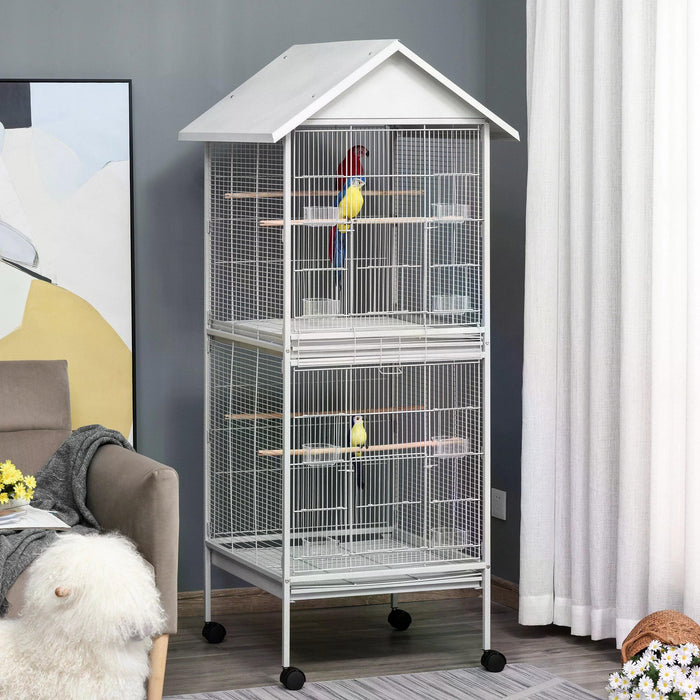 170cm Tall White Metal Bird Cage - Parrot Home with Mobile Feeder, Perches, Food Containers, Rolling Stand & Wheels - Ideal for Avian Enthusiasts & Pet Safety