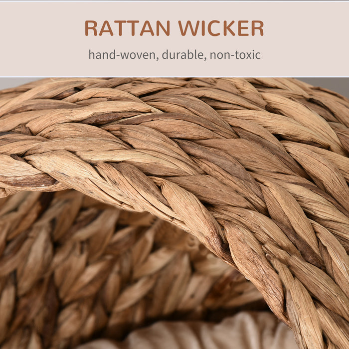 Wicker Cat Bed with Cylindrical Rattan Base - Soft Washable Cushion in Retro Brown, 50x42x60cm - Ideal Comfort for Cats