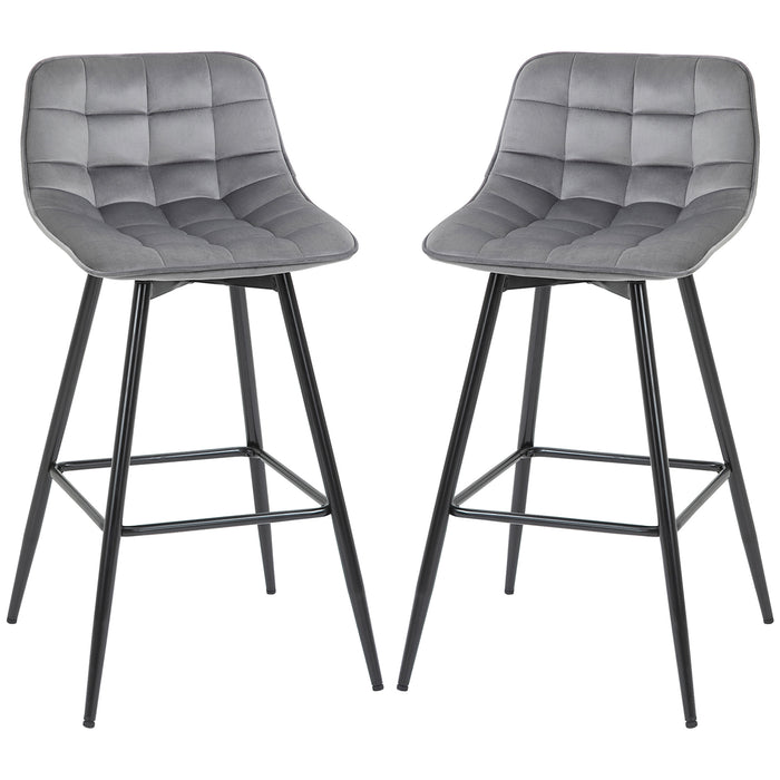 Velvet-Touch Upholstered Bar Stools Set of 2 - Grey Kitchen Counter Chairs with Metal Legs and Backrest - Elegant Dining Seating for Home & Entertaining