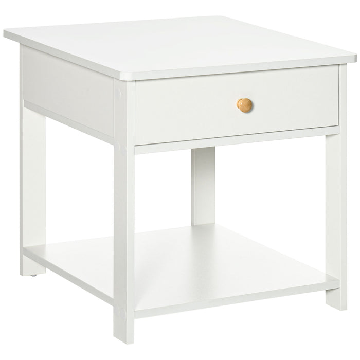 White Bedside Table with Storage - Square Side End Table with Drawer & Lower Shelf - Functional Nightstand for Bedroom, Living Room Spaces