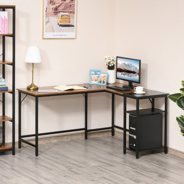 L-Shaped Industrial Computer Desk - Space-Efficient Corner Writing Desk with Adjustable Storage Shelf - Ideal for Home Office and Workstation in Rustic Brown