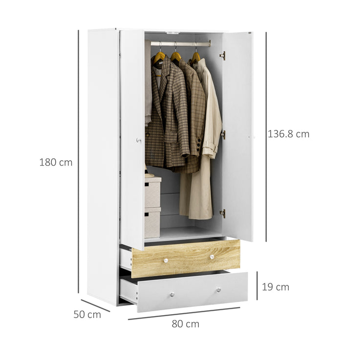 Spacious 2-Door White Wardrobe - Integrated Drawers & Hanging Rod for Clothing - Ideal Bedroom Storage Solution for Clothes Organization