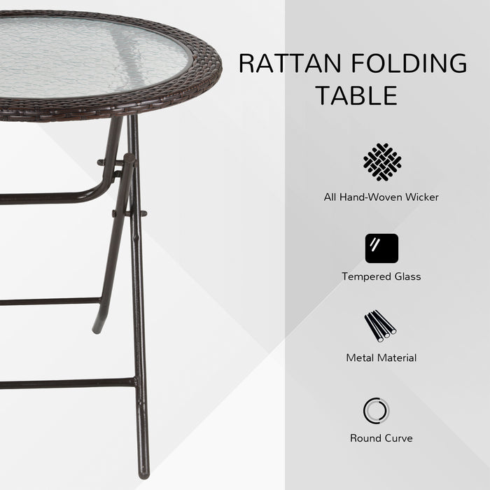 Folding Tempered Glass Table with Metal Frame and Rattan Trim - Round Outdoor Dining and Patio Furniture - Ideal for Garden, Balcony, and Deck Entertaining