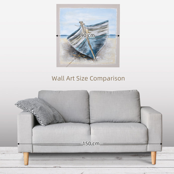 Blue Boat in the Beach Hand-Painted Canvas - Coastal Wall Art for Living Room & Bedroom - 90x90 cm Ocean Scene Decor for Home Interiors