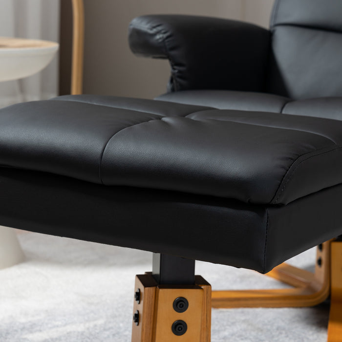 Luxurious Black Faux Leather Recliner Chair with Swivel Function - Comfy Footstool and Built-in Storage, Sturdy Wooden Base - Ideal for Relaxing and Enhancing Any Living Room Space