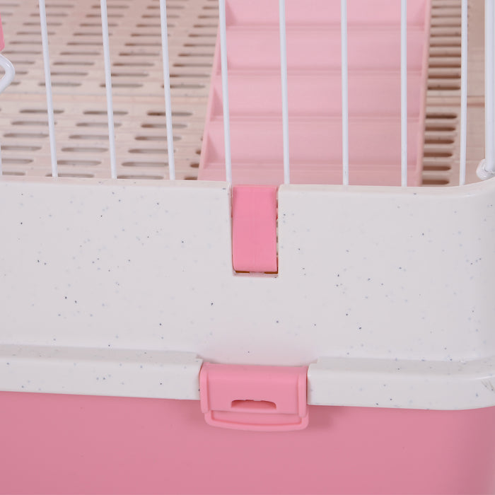 Multi-Level Small Pet Habitat with Wheels - 4-Tier Cage for Bunnies, Ferrets, Chinchillas - Easy Mobility & Cleaning with Removable Tray in Pink