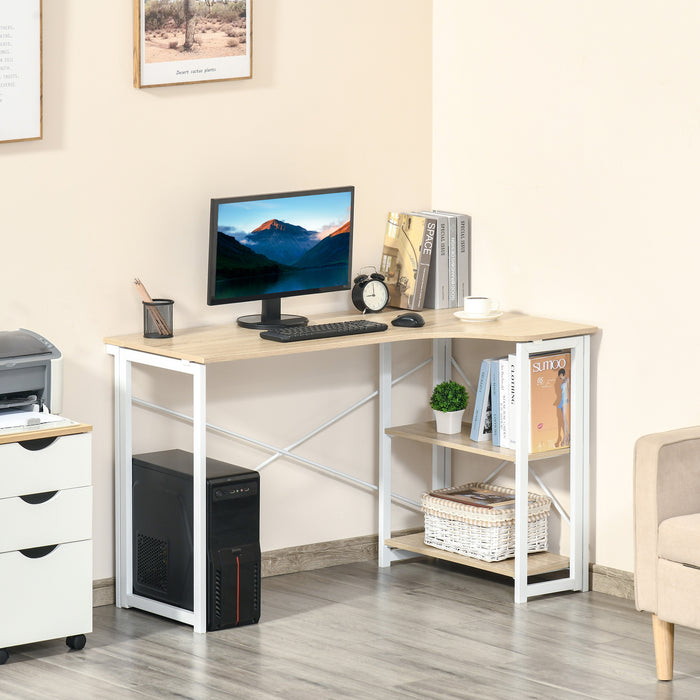 L-Shaped Folding Desk - Oak-Toned Home Office Corner Workstation with Storage Shelves - Space-Saving Study Table for Students & Professionals