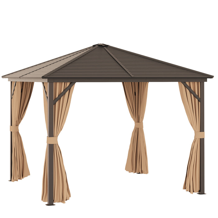 Aluminium Patio Gazebo 3x3 Meters - Hardtop Metal Roof Canopy with Mesh Curtains & Side Walls, Brown - Elegant Outdoor Shelter for Garden Parties & Events