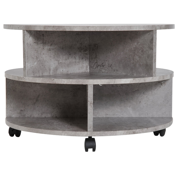 Round 2-Tier Side Table with Divided Shelves - Mobile Coffee and Tea Storage Unit in Cement Finish - Space-Saving Organizer for Living Room