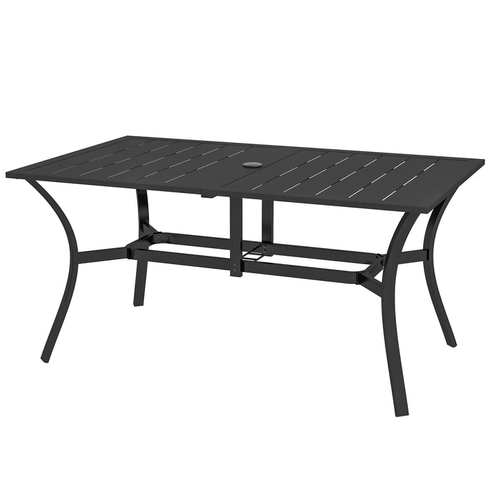 Outdoor Rectangle Garden Dining Table with Parasol Hole - Patio-Friendly Steel Frame with Slat Tabletop Design, 150cm x 90cm, Elegant Black - Ideal for Al Fresco Dining and Social Gatherings