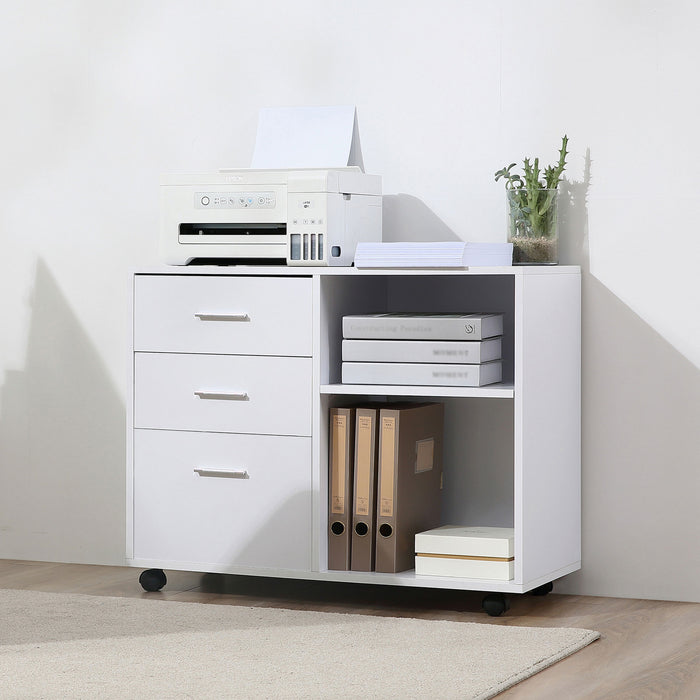 Mobile Printer Stand with Storage - Freestanding Office Desk Side Unit on Wheels with 3 Drawers and 2 Open Shelves, 80x40x65cm - Sleek Modern Design in White for Workspace Organization