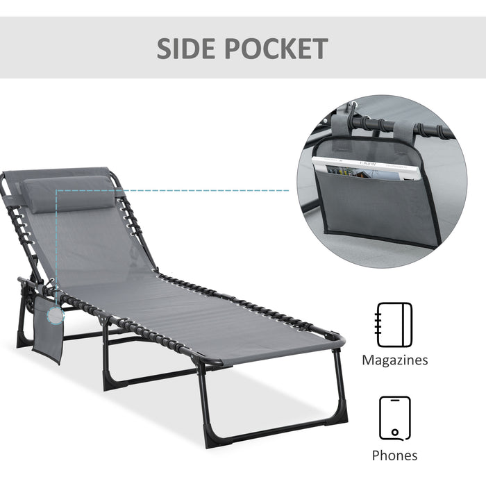 Portable Sun Lounger with Pillow - 5-Position Adjustable Reclining Lounge Chair and Folding Camping Bed Cot - Ideal for Patio, Beach, and Pool Relaxation, Grey