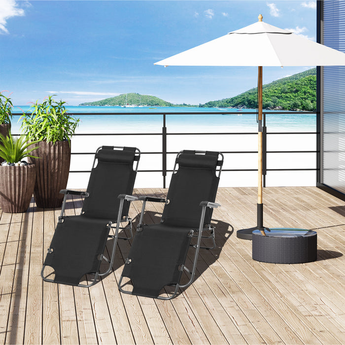 Foldable Sun Loungers - Adjustable Back, Reclining Garden Chairs with Pillow and Armrests, Black - Perfect for Patio Relaxation and Sunbathing