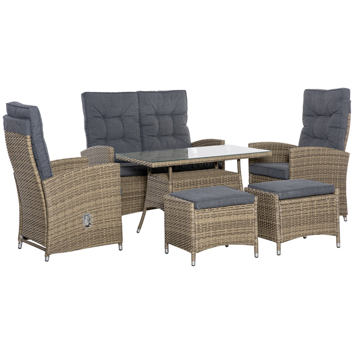 PE Rattan 6-Piece Dining Set - Patio Wicker Conversation Set with Tempered Glass-Top Table & Storage - Ideal for Outdoor Dining and Entertaining