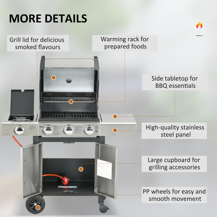 3+1 Gas Burner Barbecue Grill with Smoker - Outdoor BBQ Trolley with Side Burner, Warming Rack, and Side Shelves - Ideal for Garden Cooking with Piezo Ignition and Built-in Thermometer