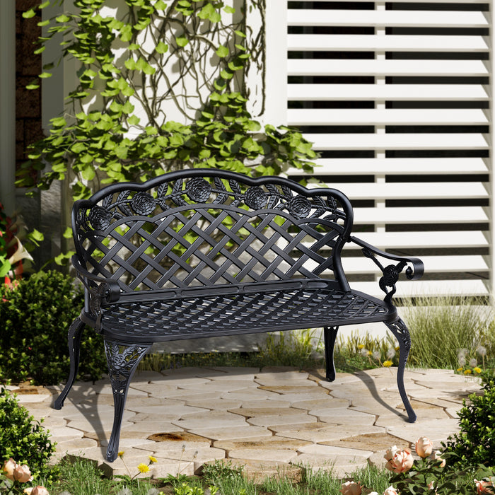 Cast Aluminium Garden Bench - Outdoor 2-Seater Patio Chair with High Back and Armrests in Antique Black - Elegant Seating for Garden and Patio Comfort