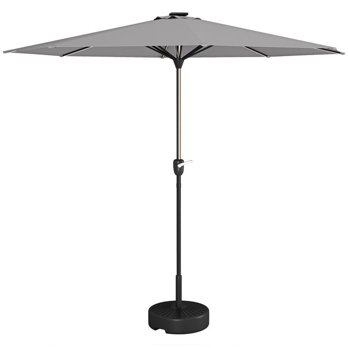 Solar LED Garden Parasol - Crank Handled Light Grey Patio Umbrella for Outdoors - Illuminated Nighttime Comfort for Deck & Backyard