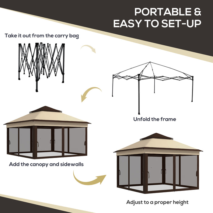 Pop Up Gazebo 3x3m with Height Adjustability - Instant Event Shelter with Mosquito Netting, Beige - Outdoor Gatherings and Garden Protection