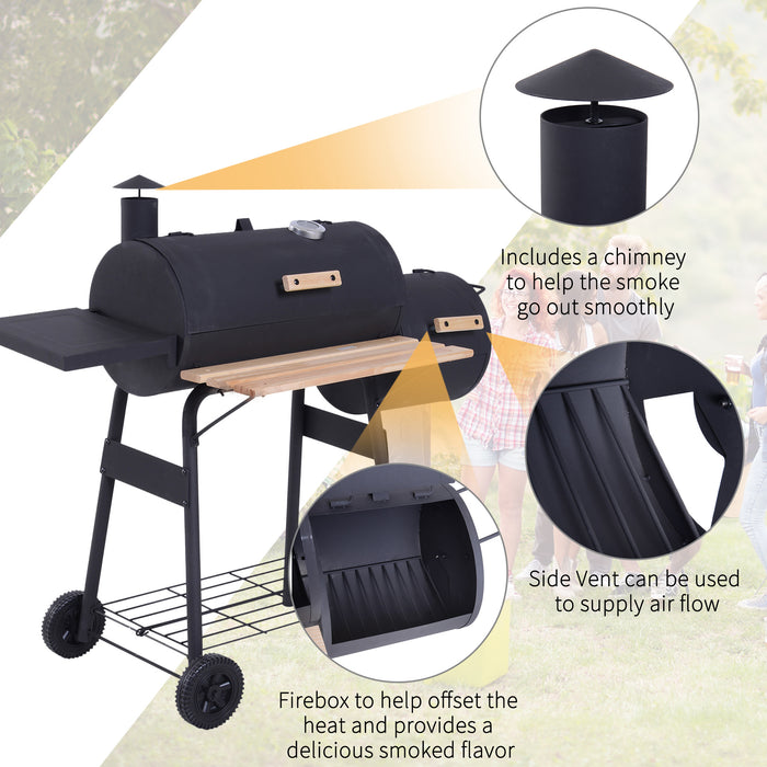 Portable Charcoal Barbecue Grill with Offset Smoker - Handy Shelves, On-lid Thermometer for Precise Cooking - Ideal for Outdoor Gatherings and Garden BBQs