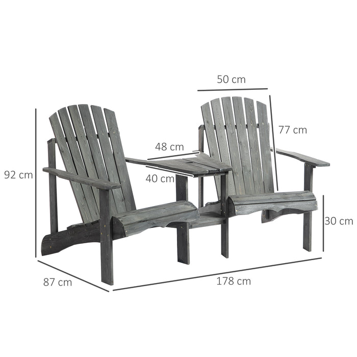 Double Adirondack Wooden Loveseat with Center Table - Outdoor Patio Furniture with Umbrella Hole, Grey - Ideal for Garden Lounging and Relaxation