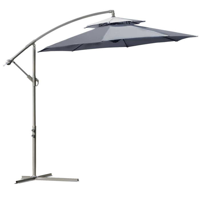 Garden Banana Parasol 2.7m Cantilever Umbrella - Double Tier Canopy, Crank Handle, and Cross Base Outdoor Sun Shade - Ideal for Patios and Backyards, Dark Grey