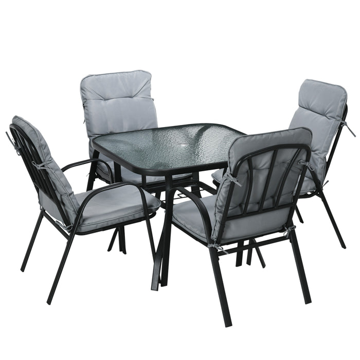 5-Piece Garden Dining Set - Outdoor Square Table with Tempered Glass Top and Umbrella Hole, 4 Cushioned Armchairs - Ideal for Patio Entertaining and Family Meals