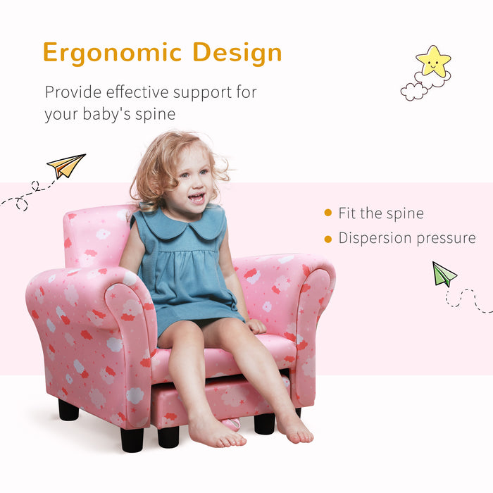 Kids' Mini Sofa Armchair with Footrest - Sturdy Wood Frame and Anti-Slip Legs, High Back, Pink Cloud and Star Design - Perfect for Bedroom or Playroom Furniture