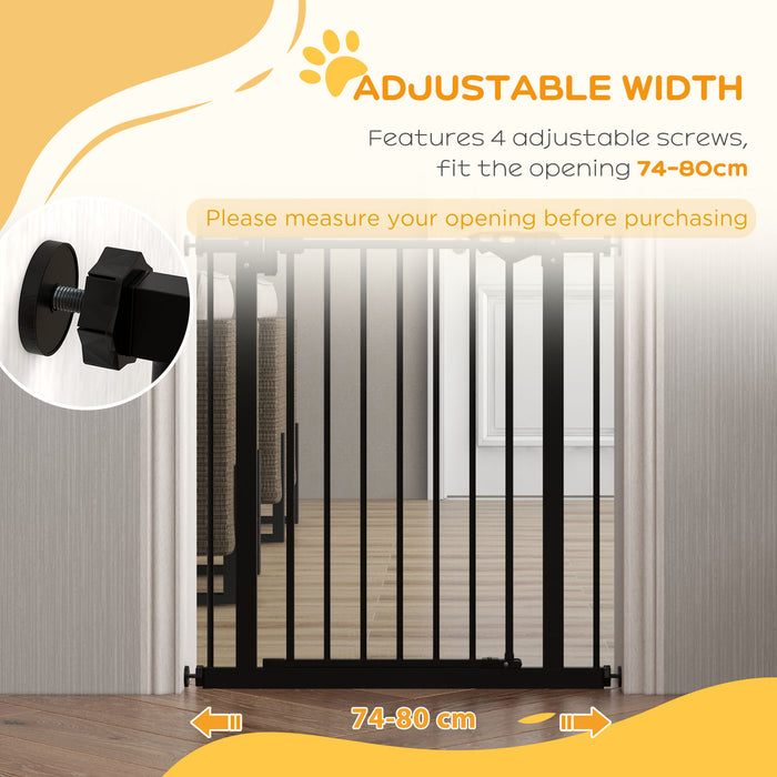 Adjustable Metal Dog Gate, 74-80cm Width - Black Safety Barrier for Pets - Ideal for Indoor Use to Keep Dogs Contained