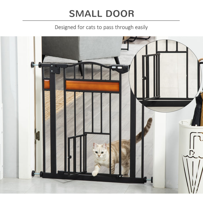 Pet Safety Gate with Cat Door - Auto-Close, Double-Locking, Decorative Pine Wood - Ideal for Doorways, Stairs, Indoor Areas, 74-80 cm Wide, Black