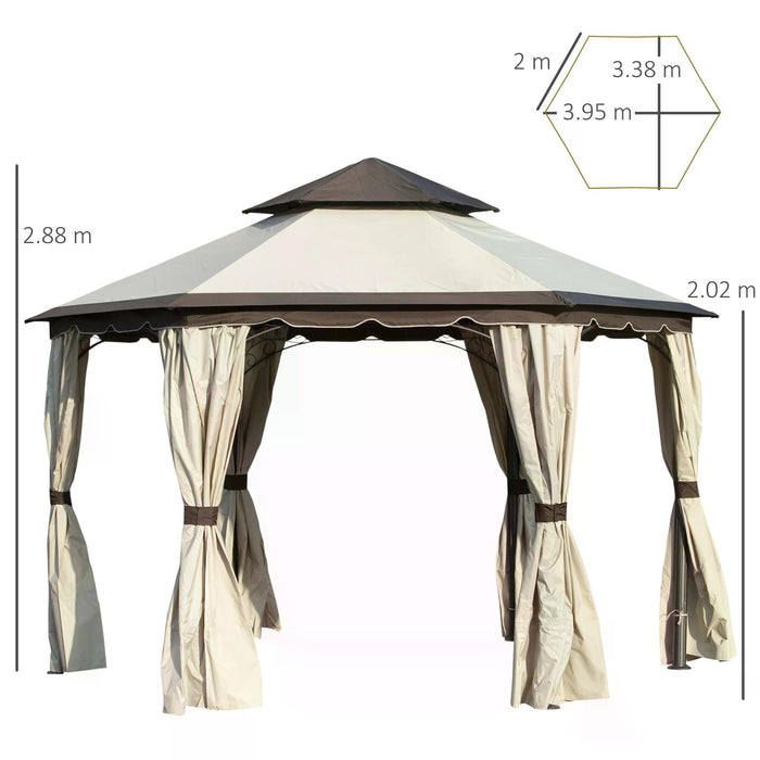 Steel Gazebo Canopy 3.4m - Garden Pavilion with 2 Tier Roof and Curtains, Beige - Ideal for Outdoor Parties and Patio Shelter