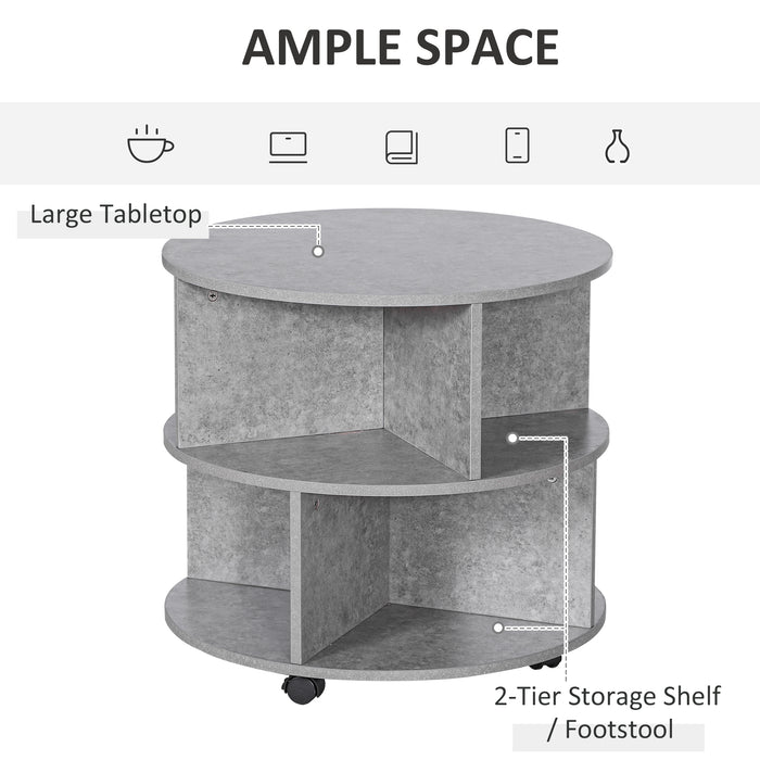 Round 2-Tier Side Table with Divided Shelves - Mobile Coffee and Tea Storage Unit in Cement Finish - Space-Saving Organizer for Living Room