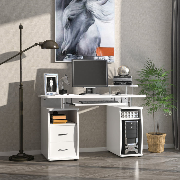 White Home Office Computer Desk - PC Table Workstation with Keyboard Tray, CPU Shelf, Drawers & Sliding Scanner Storage - Space-Saving Design for Professionals and Students