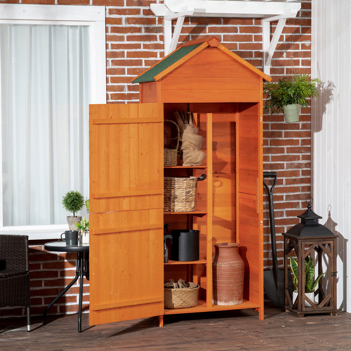 Wooden Garden Shed 4-Tier - 84x52 cm Teak Outdoor Cabinet with 3 Utility Shelves & Lockable Double Doors - Secure Tool Storage for Gardeners