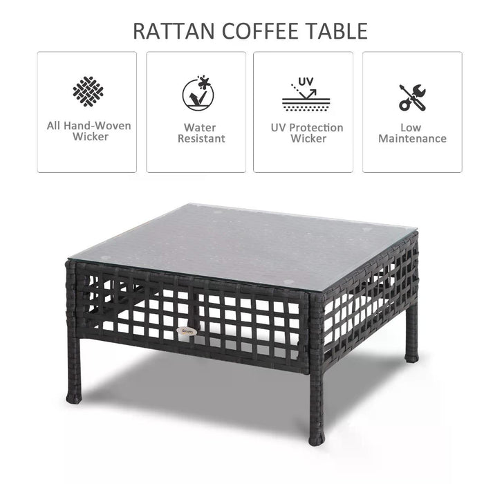 Rattan Coffee End Table with Glass Top - 60x60x33cm Black Finish - Elegant Furniture for Living Room or Patio