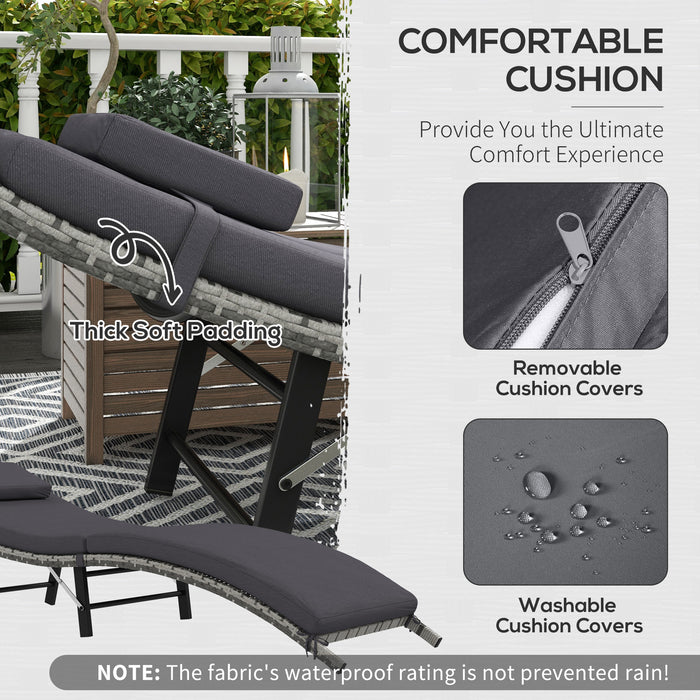 Rattan Folding Sun Lounger - Outdoor Relaxation Chair with Comfort Cushion and Pillow, Grey - Ideal for Patio, Garden, Poolside Lounging