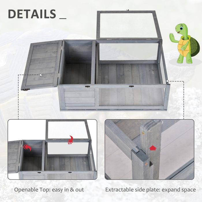 Small Pet Reptile Wooden Habitat - Tortoise House with Mesh Roof and Pull-out Side Panel - Ideal for Indoor and Outdoor Use, Grey